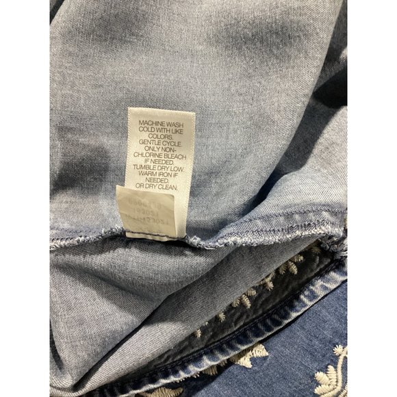 J Jill Denim XS Top Boho Peasant Blouse Smock Neck Heavy Embroider Denim Blue - Picture 8 of 9